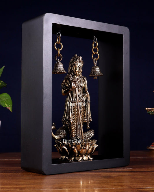 Superfine Brass Lord Murugan on Lotus with Hanging Bells – 11 Inch - Budhshiv.com