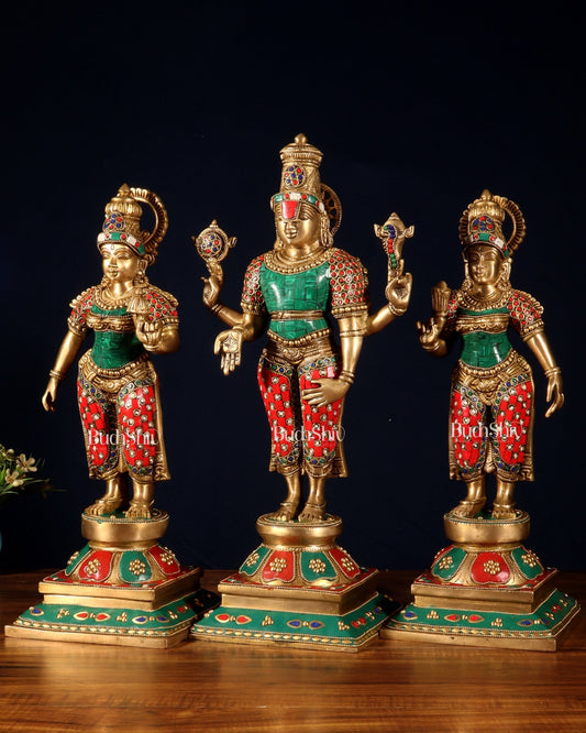 Superfine Brass Lord Tirupati Balaji with Bhudevi and Shreedevi Idol Set - 18.5" meenakari - Budhshiv.com