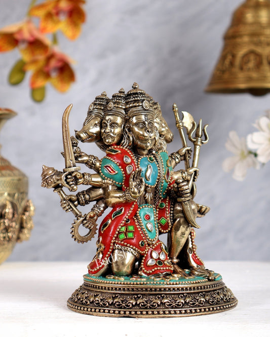 Superfine Brass Panchmukhi Hanuman Idol - 6" Tall meenakari - Budhshiv.com