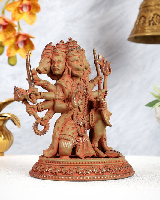 Superfine Brass Panchmukhi Hanuman Idol - 7 inch sand finish green - Budhshiv.com