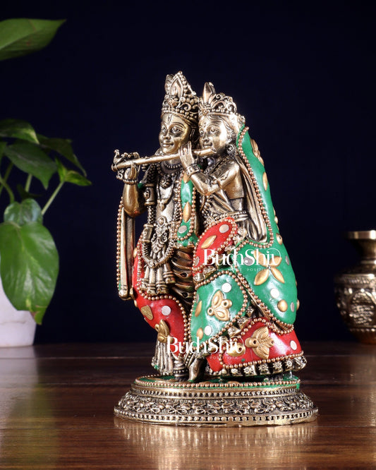 Superfine Brass Radha Krishna Idol - 6" with meenakari - Budhshiv.com