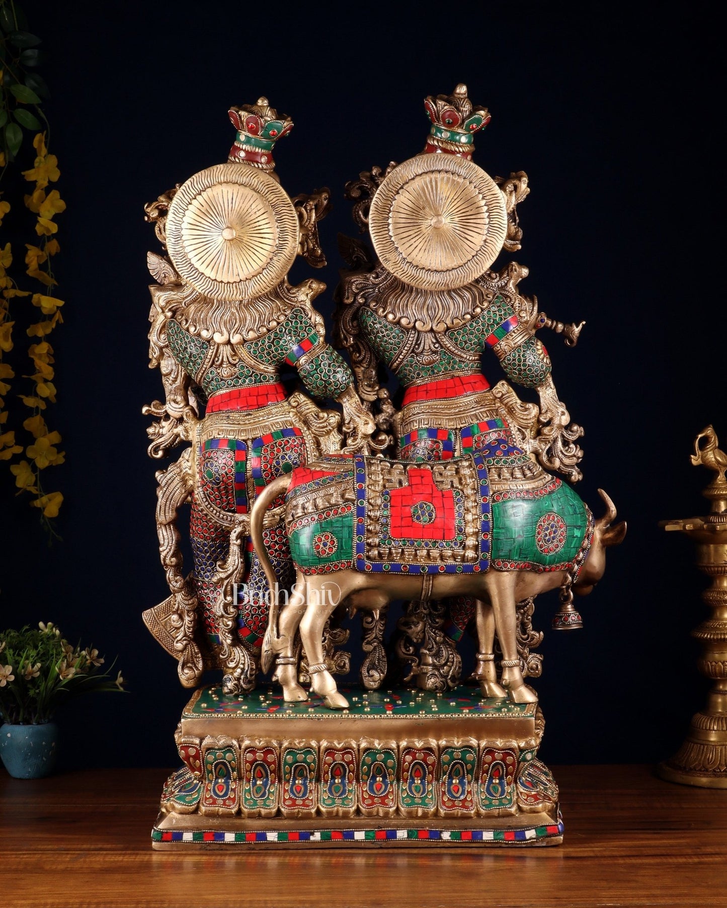 Superfine Brass Radha Krishna with cow Idol 29" - Budhshiv.com