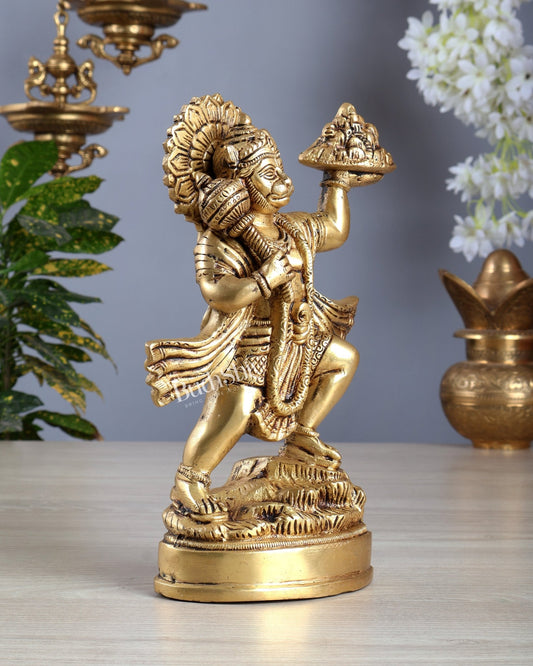 Superfine Brass Sanjeevani Hanuman idol 10 inch carrying mountain - Budhshiv.com