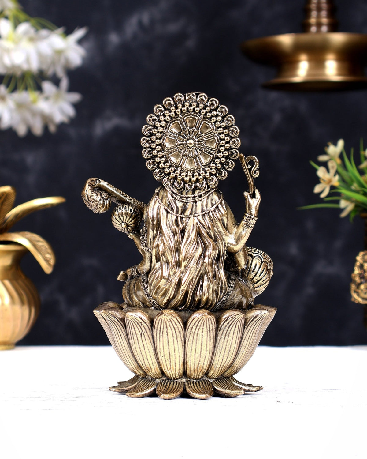 Superfine Brass Saraswati Idol - 6" Tall, Intricate Detailing - Budhshiv.com