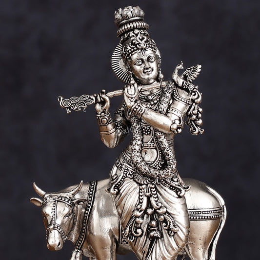 Superfine brass Silver plated Intricate Krishna with Cow Statue - 7" - Budhshiv.com