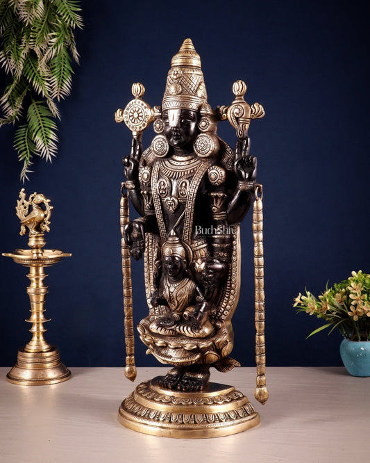 Superfine Brass Tirupati Balaji & Padmavati Idol | Antique Black & Gold Tone 20" - Budhshiv.com