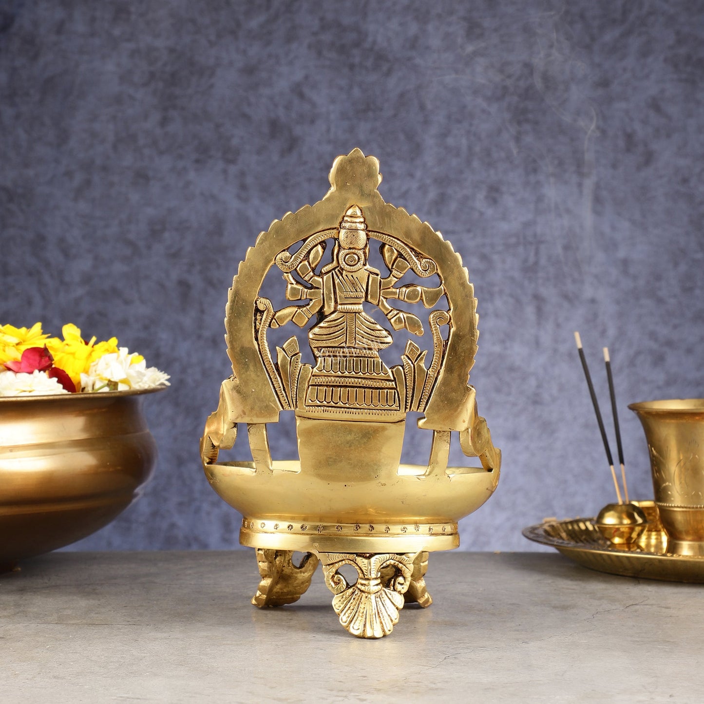 Superfine Brass Varahi Vilakku Oil Lamp Diya 9 inch - Budhshiv.com