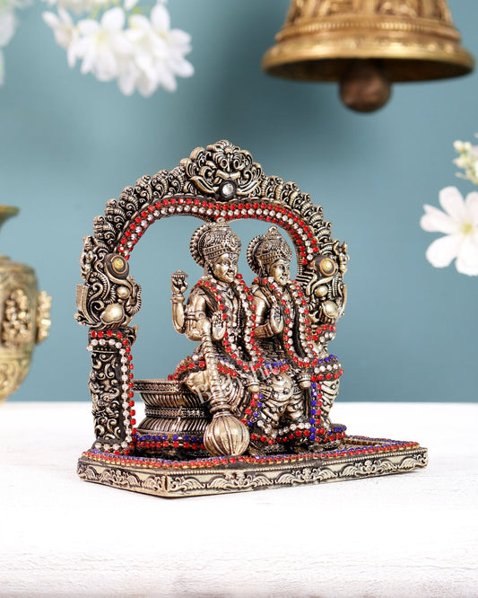 Superfine Brass Vishnu Lakshmi Sitting Statue - 5 inch with jewel work - Budhshiv.com