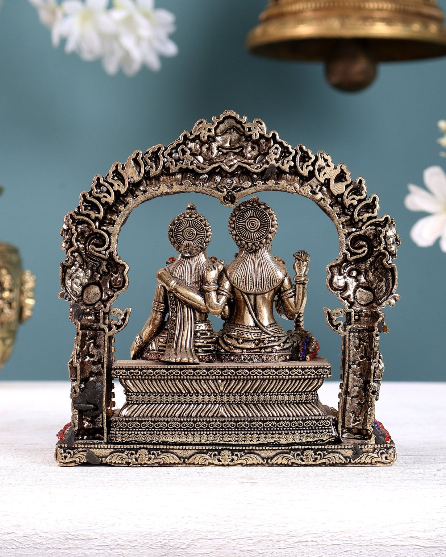 Superfine Brass Vishnu Lakshmi Sitting Statue - 5 inch with jewel work - Budhshiv.com