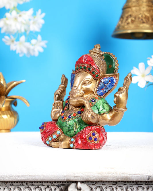 Taj Ganesha brass idol with meenakari stonework 6" - Budhshiv.com