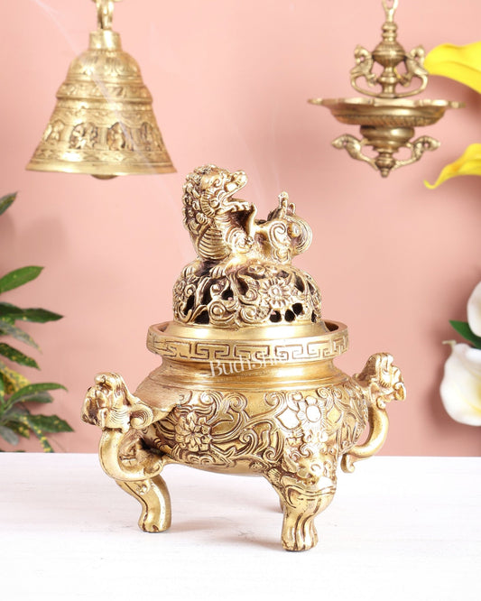 Tibetan Brass Dhoop Burner with Dragon & Snow Lion Design – Loban Daani Incense Holder 8" - Budhshiv.com