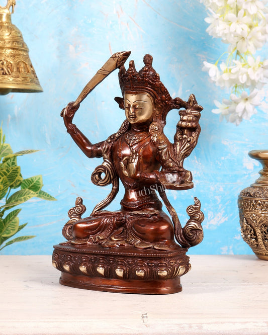 Tibetan Brass Manjushree Bodhisattva Sculpture – Dual Tone Glossy Copper Finish Wisdom Deity 9" - Budhshiv.com