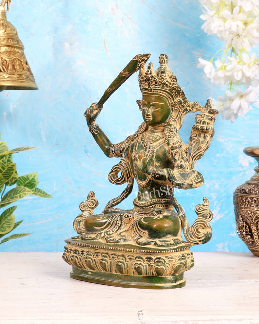 Tibetan Brass Manjushree Bodhisattva Sculpture – Green Sand Patina Himalayan Buddhist Statue 9" - Budhshiv.com