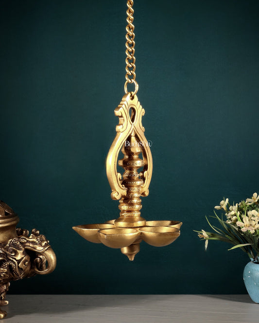 Traditional Brass Hanging Diya with 5 Wicks and Chain - Budhshiv.com