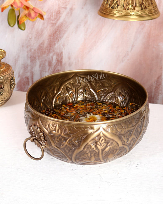 Traditional Brass Urli with Handles – Lightweight Antique Finish Decorative Bowl (12 Inches) - Budhshiv.com