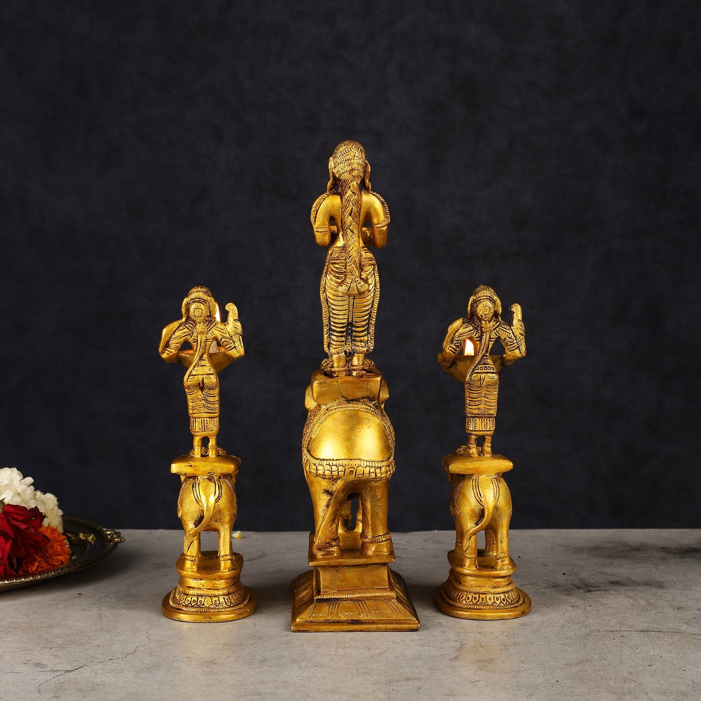 Traditional South Indian Pure Brass Deep Lady Paavai on Elephant Oil Lamps - Set of 3 - Budhshiv.com