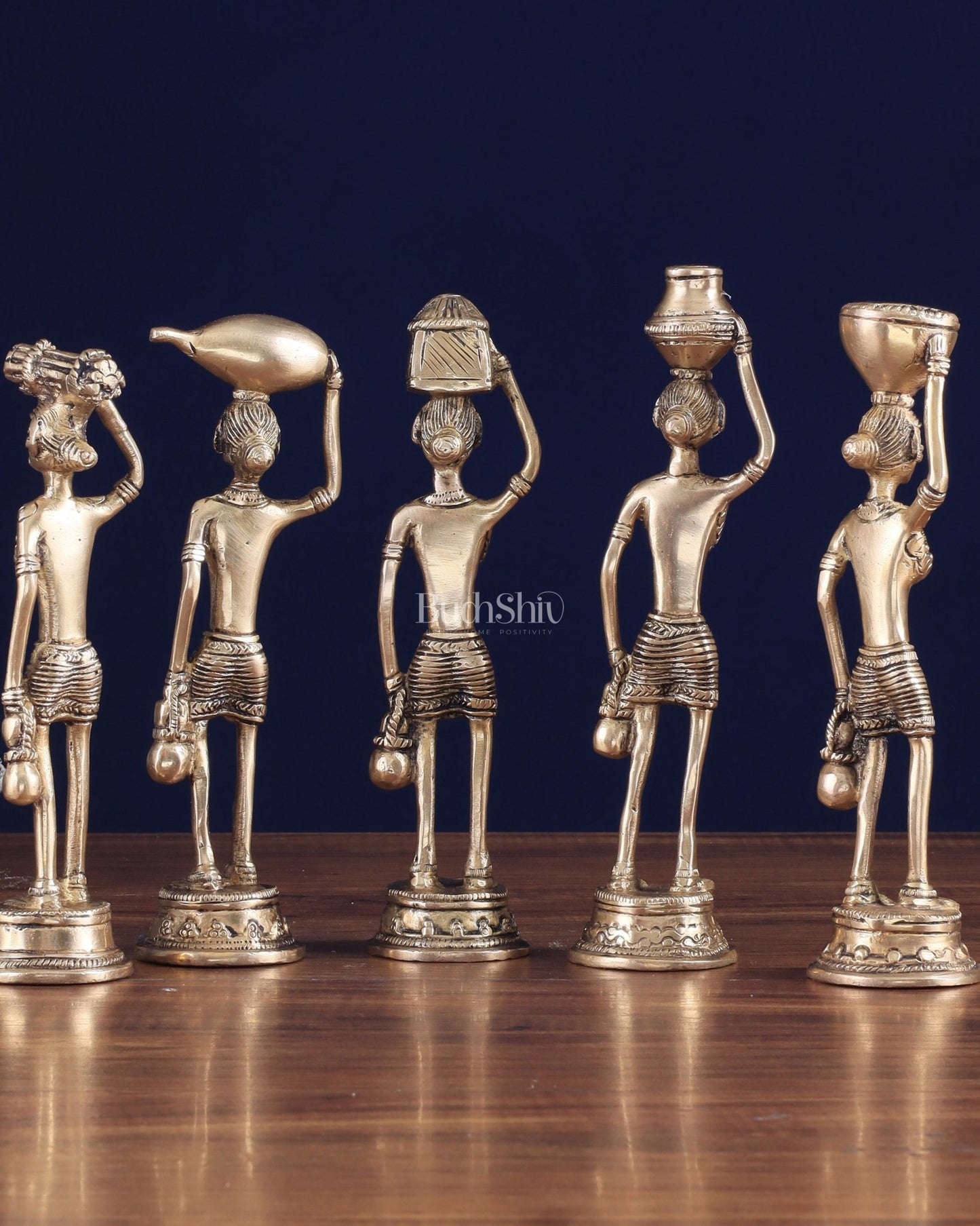 Tribal Brass Set of 5 Village Women Idols Depicting Daily Chores 7.5" - Budhshiv.com