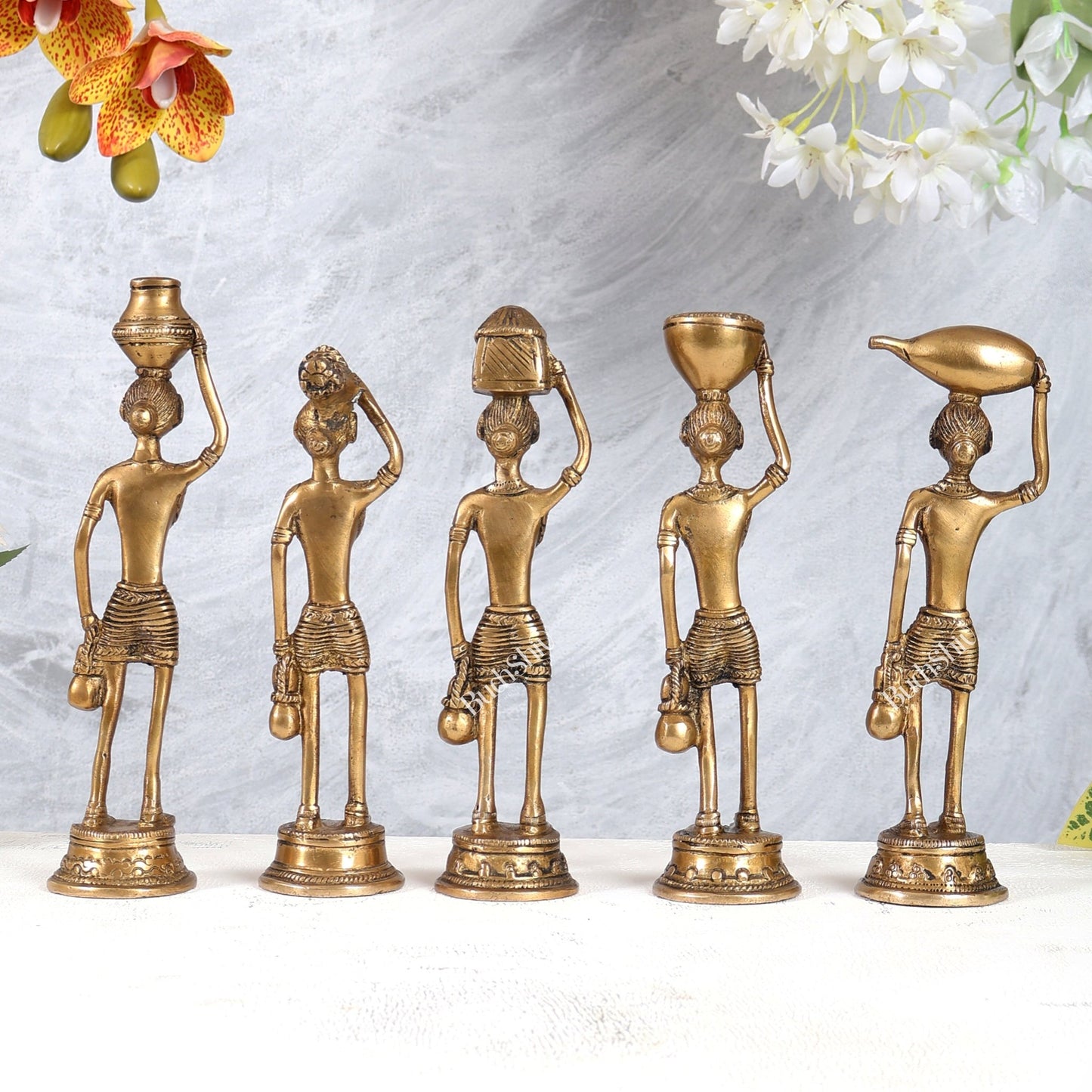 Tribal Brass Set of 5 Village Women Idols Depicting Daily Chores 7.5" - Budhshiv.com