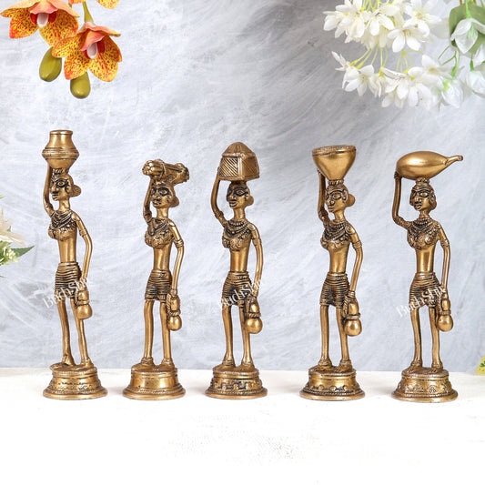 Tribal Brass Set of 5 Village Women Idols Depicting Daily Chores 7.5" - Budhshiv.com