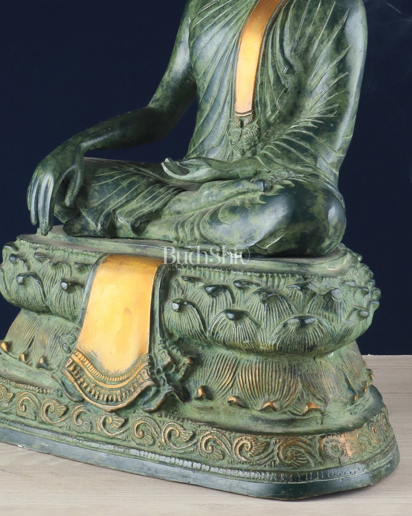 Unique Brass Blessing Buddha Statue in Green Stone Finish – 15 Inches - Budhshiv.com