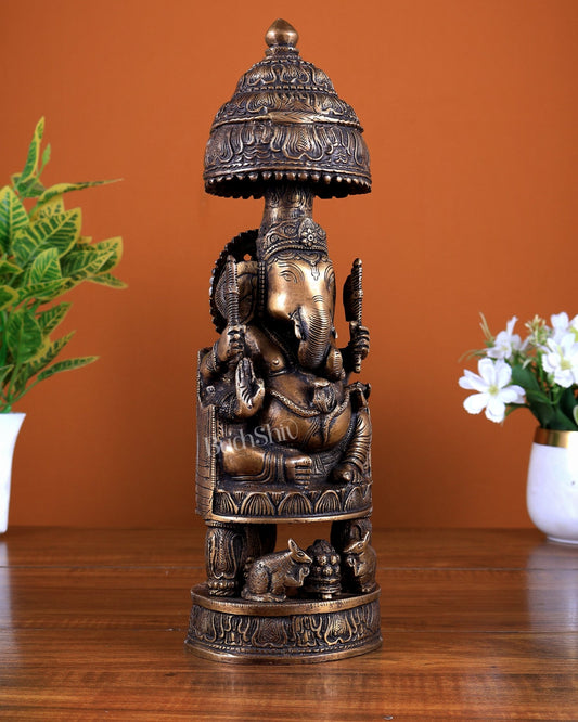 Unique Brass Ganesha Statue with Umbrella Throne – Antique Tone Finish - Budhshiv.com