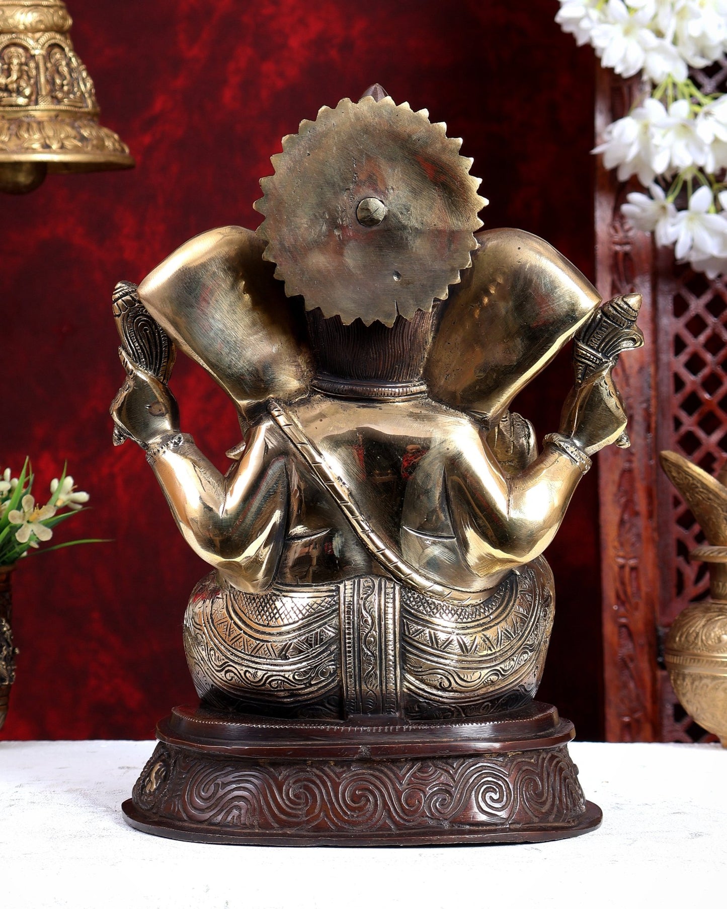Unique Brass Handcrafted Ganesha with Ashtavinayaka Carvings – Dual Tone Finish 12 inch - Budhshiv.com