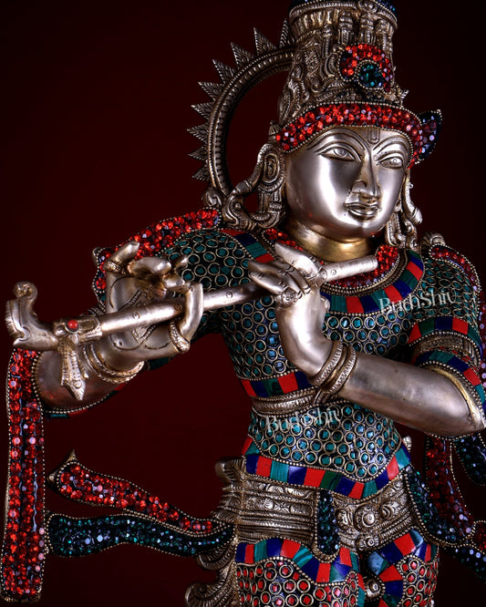 Unique Brass Krishna Statue - 26" meenakari work - Budhshiv.com