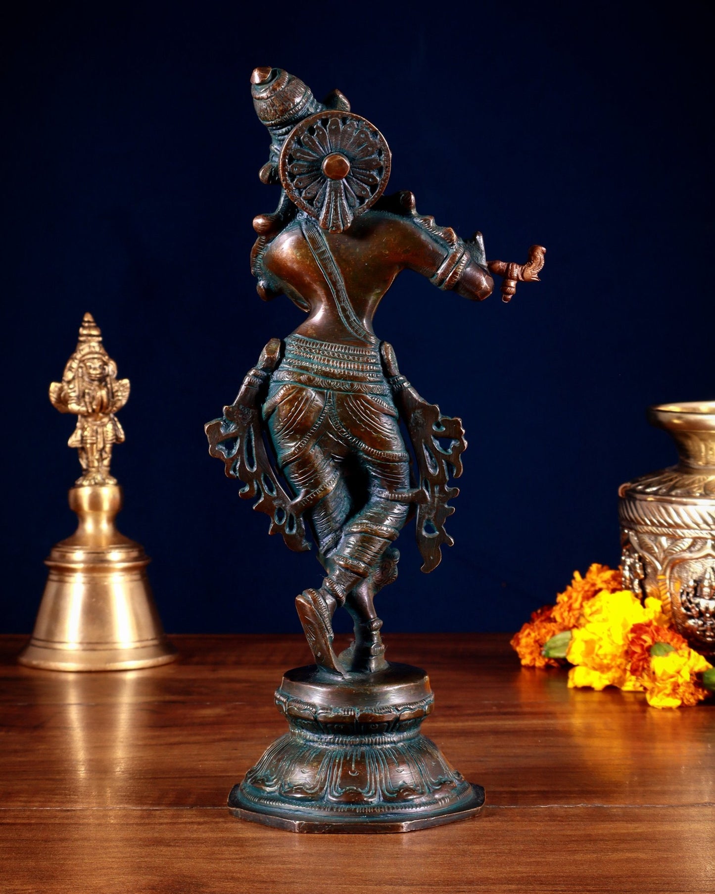 Unique Brass Krishna Statue – 9.5” Vintage bronze tone - Budhshiv.com