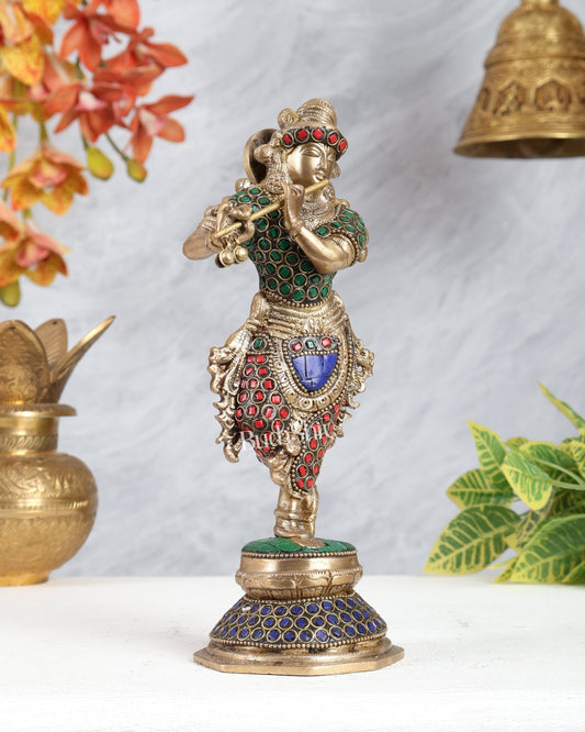 Unique Brass Krishna Statue - ring stonework 9.5 Inch - Budhshiv.com