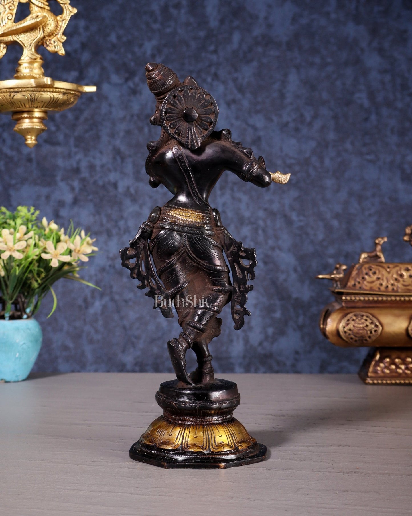 Unique Brass Krishna Statue - Sleek Design 9.5 Inches black and golden tone - Budhshiv.com