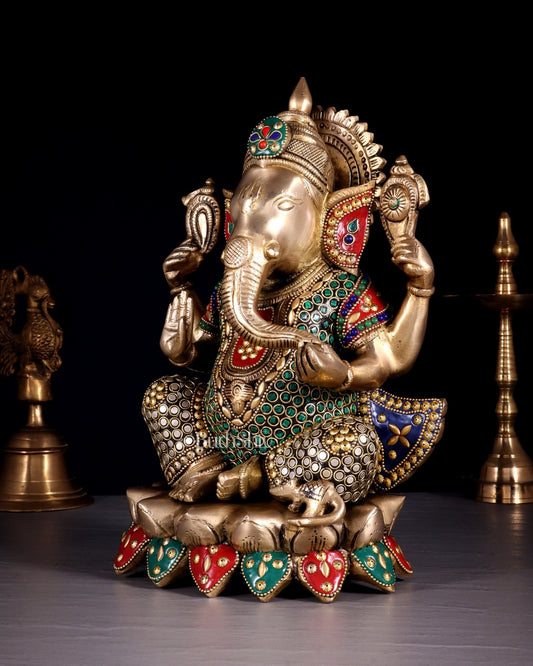 Unique Brass Lord Ganesha multicolour Statue - 11.5 Inch - Budhshiv.com