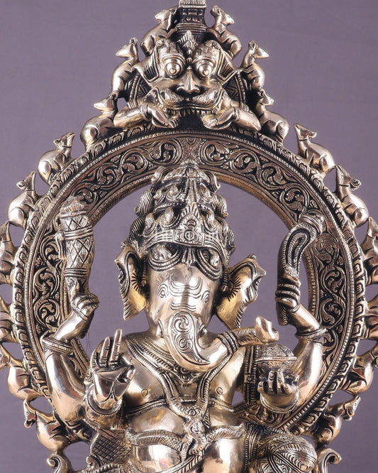Unique Brass Lord Ganesha Statue with Kirtimukha Prabhavali Arch | 19.5 Inches - Budhshiv.com