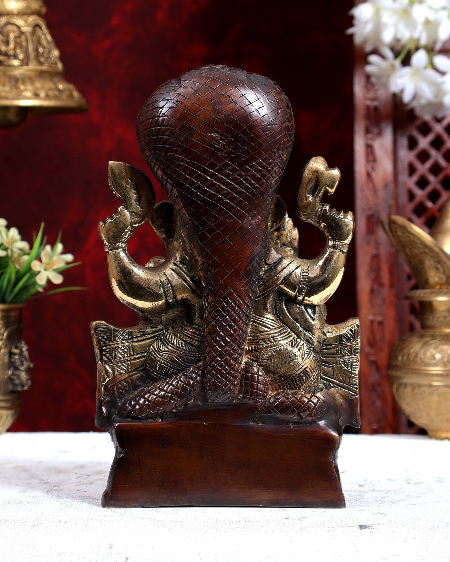 Unique Brass Lord Ganesha with Naag – Dual Tone Brown Gold Finish 8.6 inch - Budhshiv.com