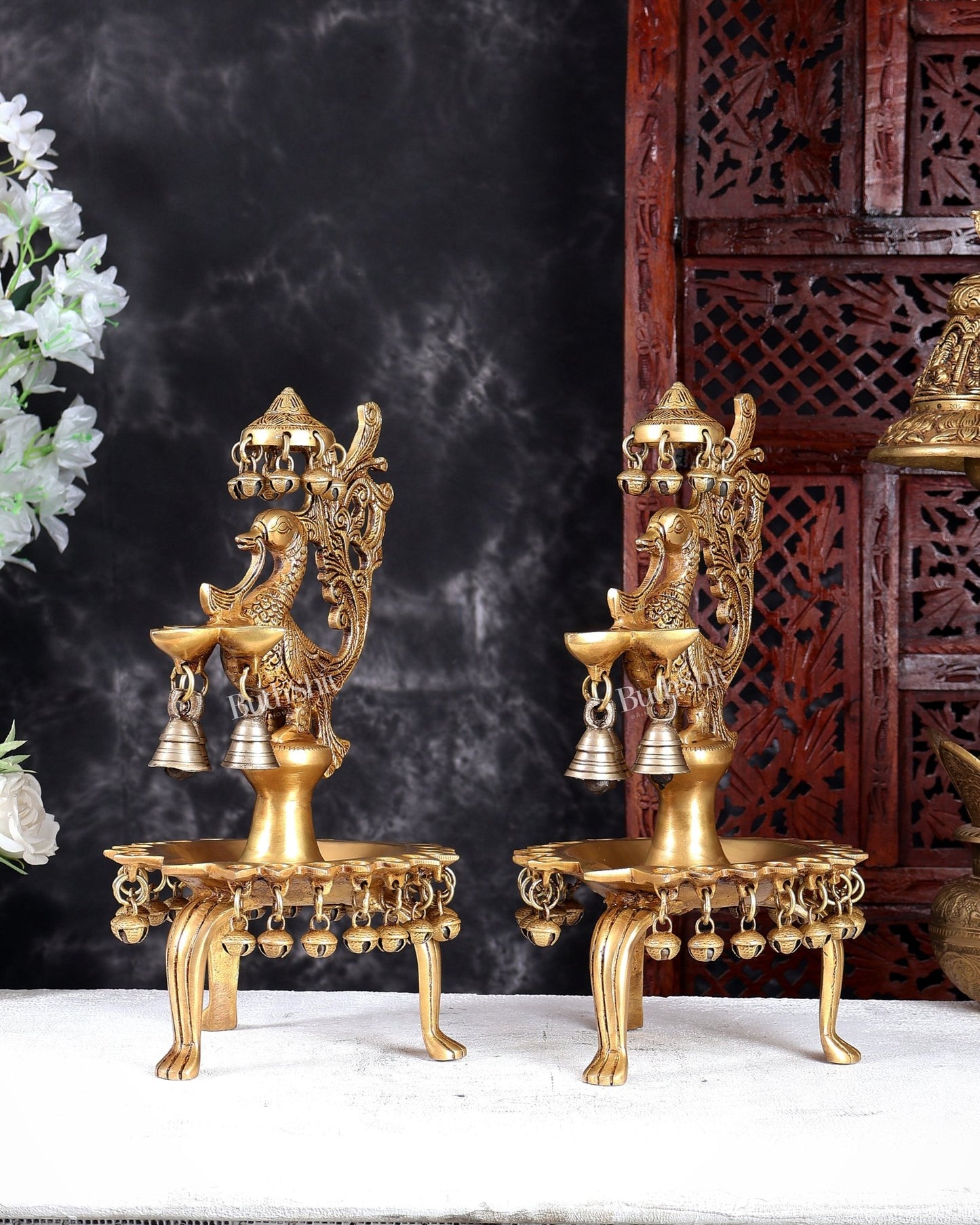 Unique Brass Peacock Lamp with Multiple Diyas, Ghungroos & Bells – Handcrafted Temple Deepam 14 inch pair - Budhshiv.com