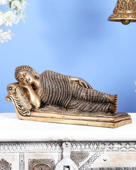 Unique Brass Sleeping Buddha Statue – 7" x 16.5" x 5" | Auspicious & Calming Decor - Budhshiv.com