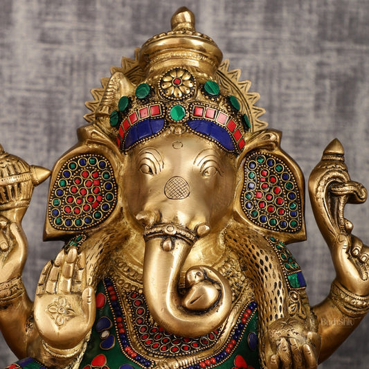 Unique Ganapati Brass Statue with Meenakari | 13.2 Inch - Budhshiv.com