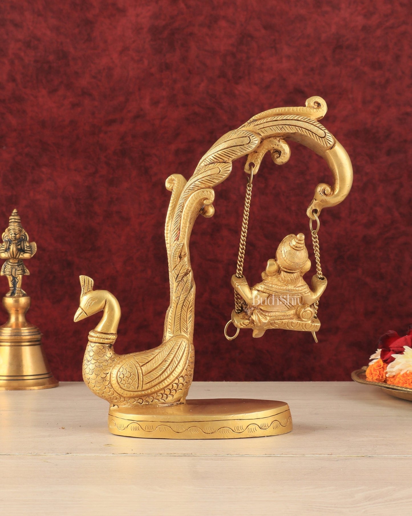 Unique Pure Brass Lord Ganesha on a Peacock Swing Idol - Budhshiv.com