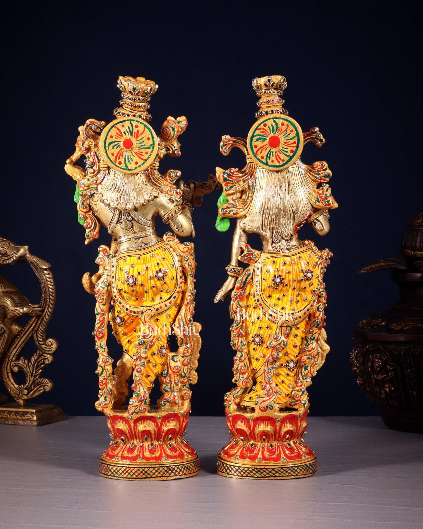 Unique Radha Krishna Brass Idol Pair with Meenakari Laakh Work 14" - Budhshiv.com
