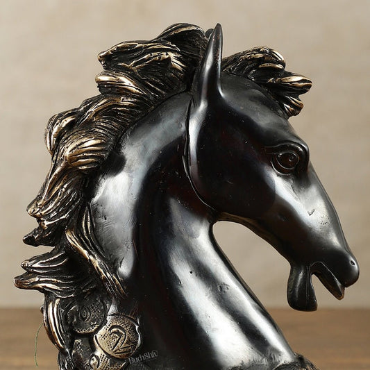 Vastu Feng Shui Lucky Black Horse Head with Coins Brass Showpiece | 7" - Budhshiv.com