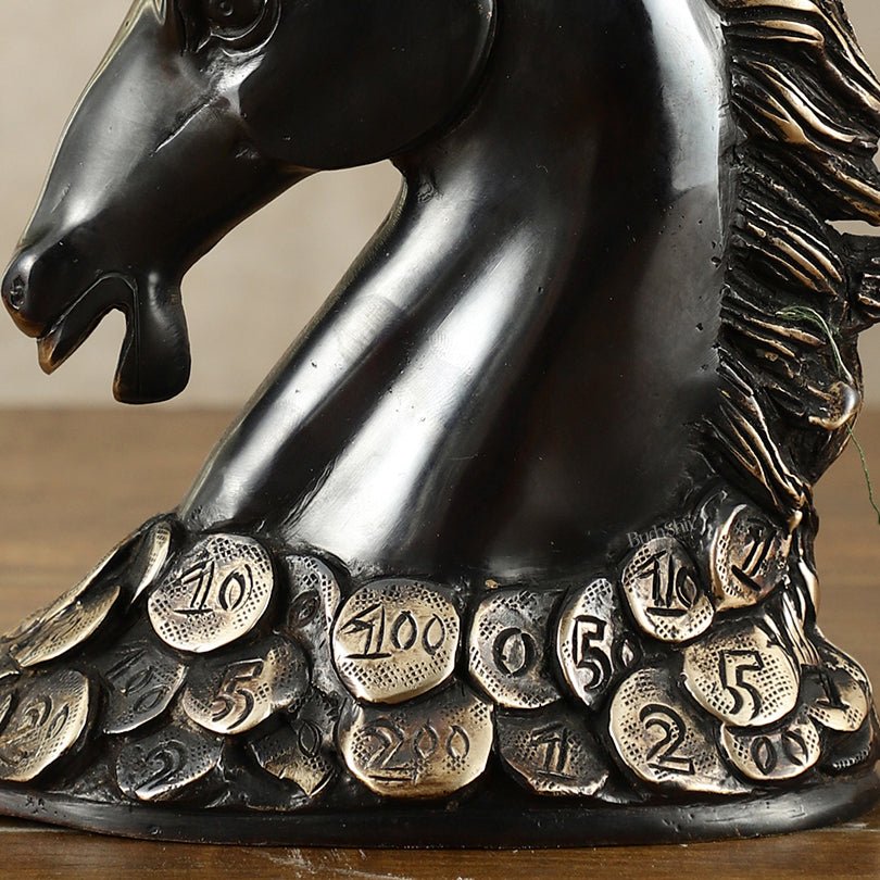Vastu Feng Shui Lucky Black Horse Head with Coins Brass Showpiece | 7" - Budhshiv.com