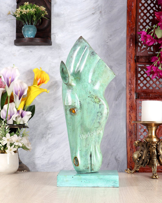 Verdigris Patina Horse Face Décor Artefact – Handcrafted Artistic Statement Sculpture 17.5 inch - Budhshiv.com
