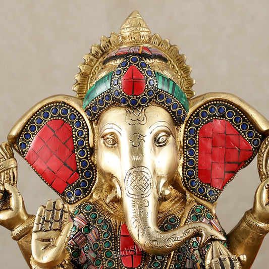 Vibrant Brass Lord Ganesha Statue with Meenakari Stonework and Big Ears - 10" - Budhshiv.com