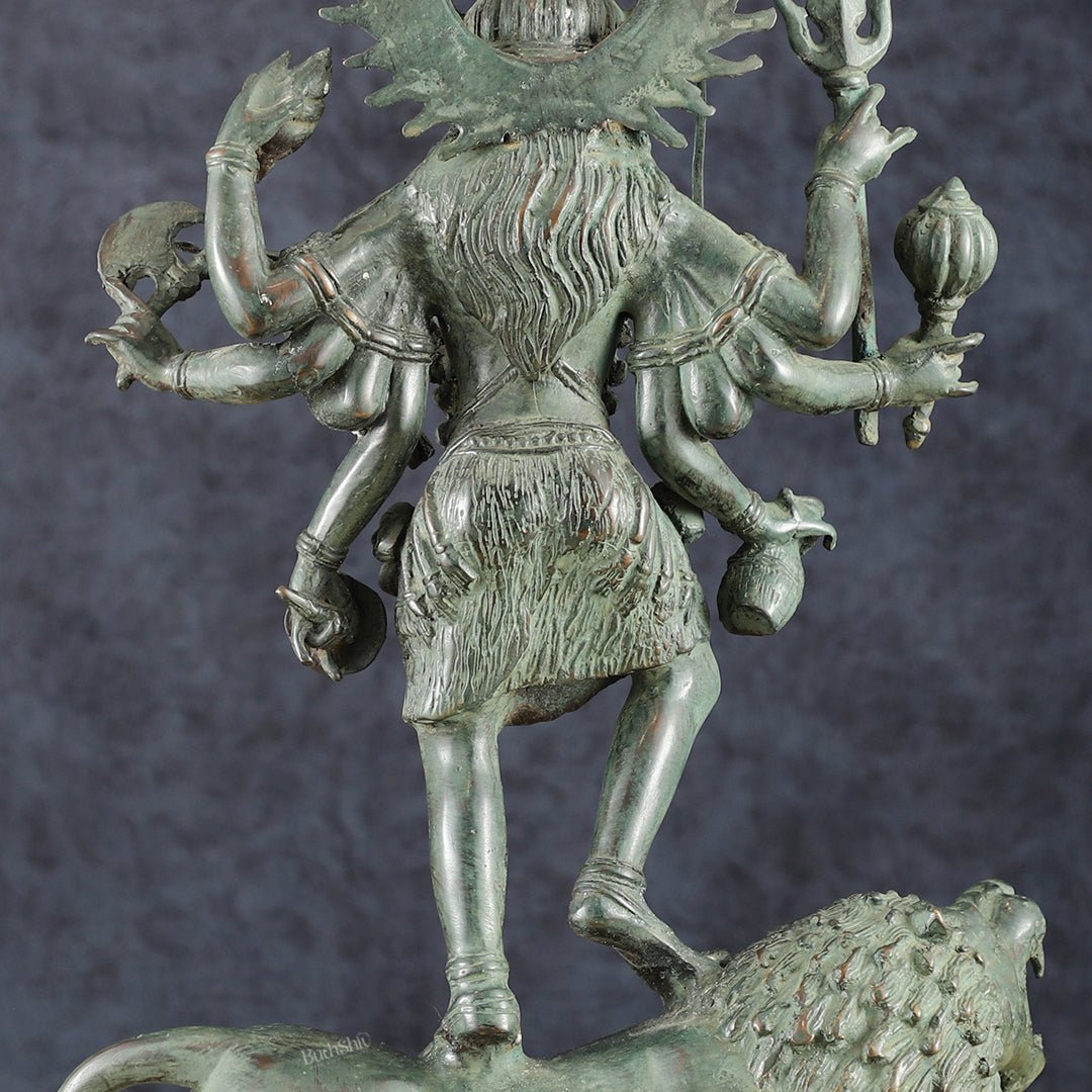 Vintage Balinese Bronze Durga Ma kali Standing on Lion Sculpture – 18.5" Height, Lost Wax Casting - Budhshiv.com