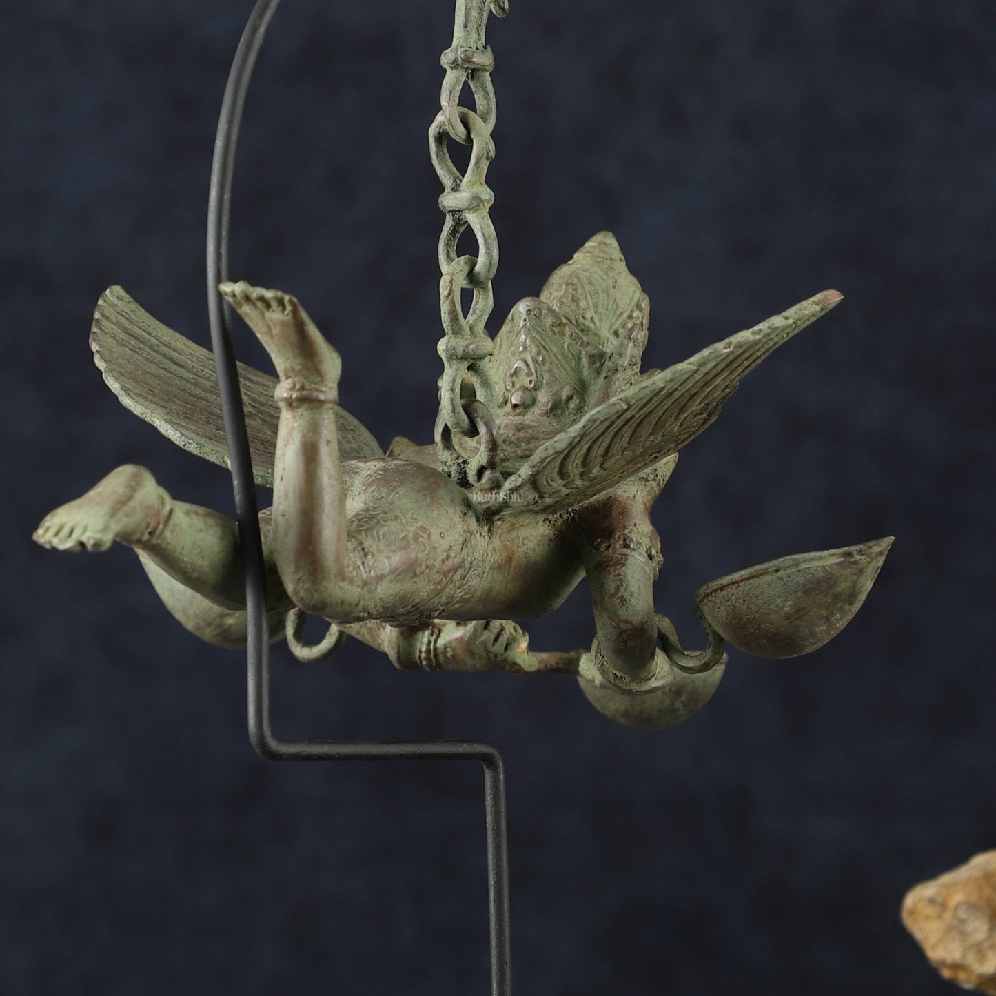 Vintage Balinese Bronze Flying Garuda Oil Lamp with Wooden Base – 14.5" Height - Budhshiv.com