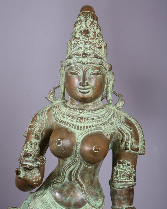 Vintage Bhoga Shakti Brass Standing Parvati Statue – Green Patina Finish (38 Inches, 30 Kg) - Budhshiv.com