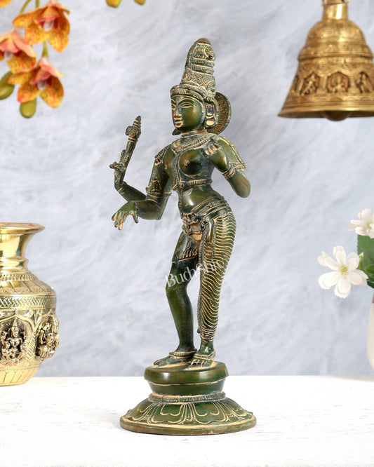 Vintage Brass Ardhanarishwara Idol – Green Tone Shiva Shakti Sculpture (11.2 Inch) - Budhshiv.com