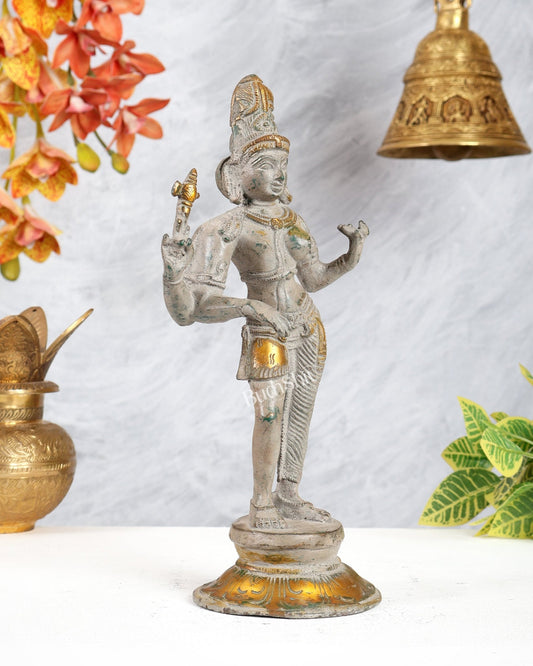 Vintage Brass Ardhanarishwara Idol – Grey sand Tone Shiva Shakti Sculpture (11.2 Inch) - Budhshiv.com