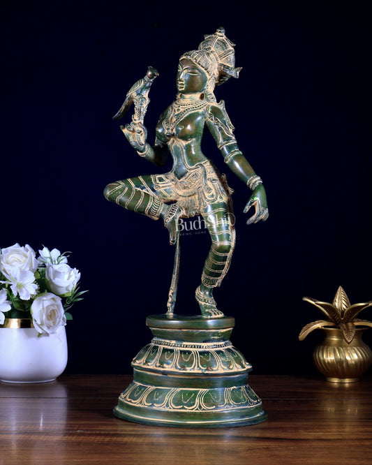 Vintage Brass Dancing Apsara with Parrot | Chola - Style Sculpture 16" green patina - Budhshiv.com