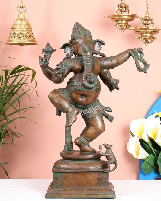Vintage Brass Dancing Ganesha Statue 25" large - Budhshiv.com
