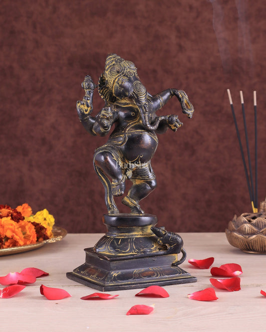 Vintage Brass Dancing Ganesha Statue - Black Sand Finish - Budhshiv.com